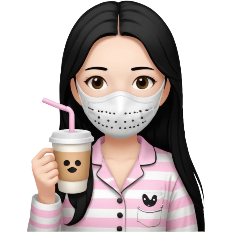 chica de pelo lacio color negro cabellera larga piyama blanca con rayas rosa claras peo no tan claras no oscuras el bordado es negro al igual que los botones )tiene una mascarilla para la carablanca y sostiene y cafe con bolitas nedras al dondo con unsorbete tranparente y es de test blanca  emoji