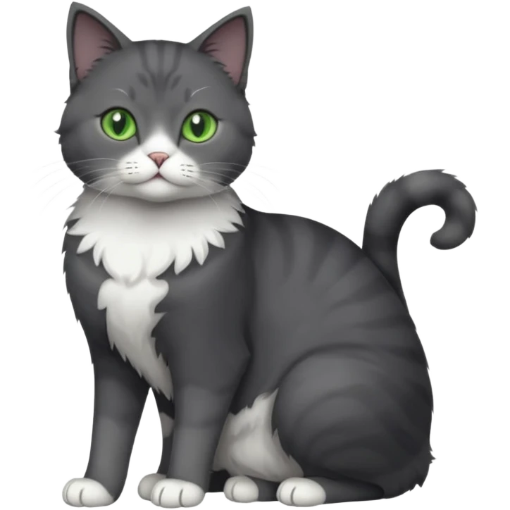 full body view of beautiful female solid dark grey cat with green eyes, white toes/paws and white patch on her chest emoji