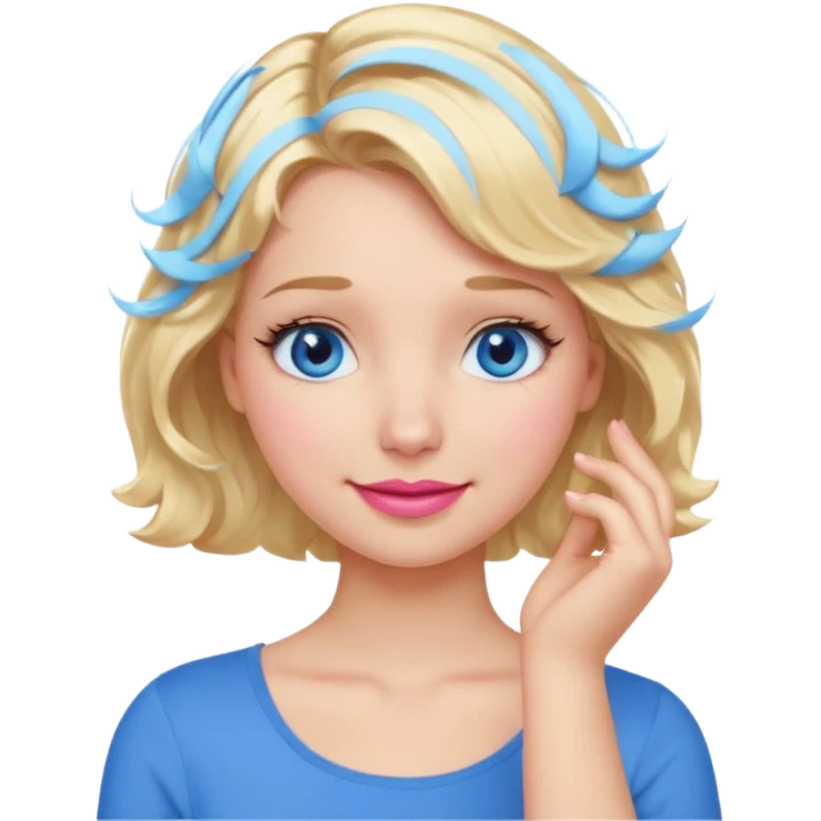 Girl Blonde short wavy hair,  blue eyes, cute blue top, long lashes, pink lips, smiling, 🤦🏻‍♀️ emoji