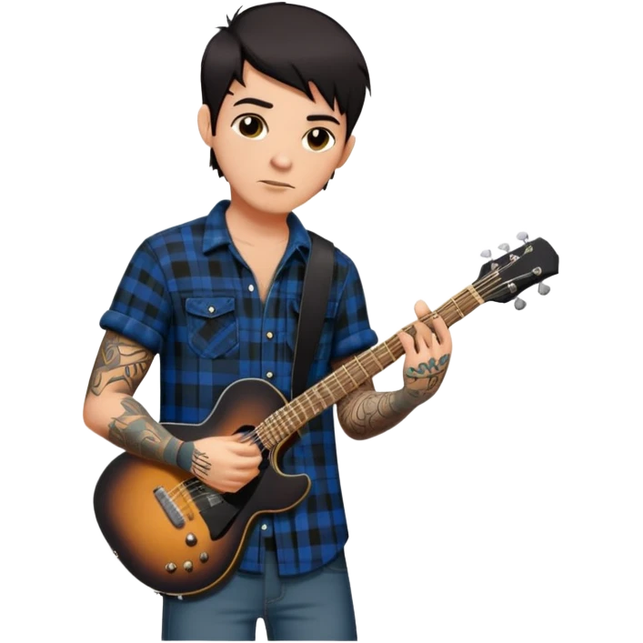 a guitarist with short dark hair, tattoos on his arms and chest, and a black plaid short sleeve flannel shirt emoji