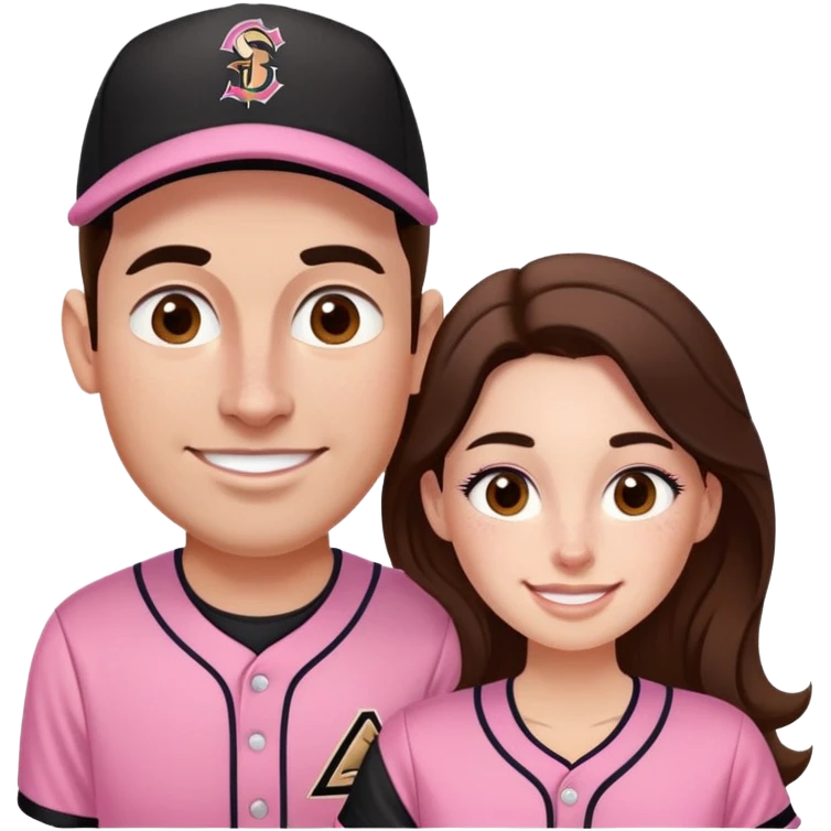 *White* couple smiling. Woman has big cheeks and a lot of freckles on the nose. long brown hair. Man has black and very short hair and prominent eyebrows with egipcian nose. Both are wearing “Los Padres” baseball new pink jearsey emoji