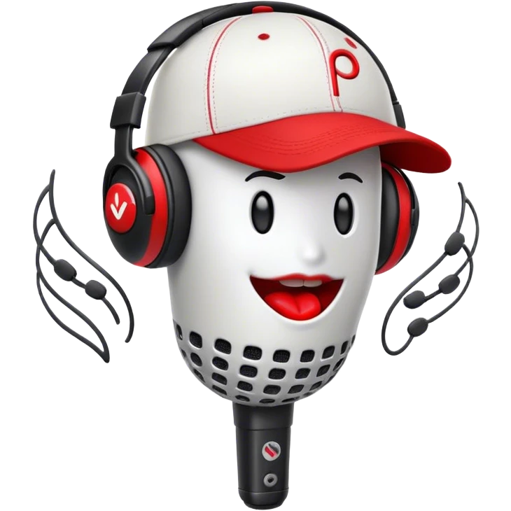 Create a dynamic and energetic emoji that represents beatboxing. The design should feature a stylized microphone with lips and baseball cap on it, sound waves emanating from it , symbolizing vocal percussion and rhythm. Add elements like headphones or a subtle speaker to emphasize the music production aspect. Use bold colors like black, white, and red to convey the intensity and creativity of beatboxing. The background should be transparent. emoji