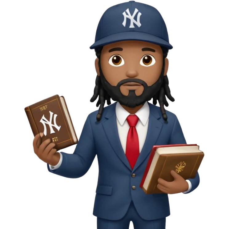 African American man with shoulder length black dreadlocks with black beard wearing a New York Yankees logo baseball cap wearing a suit with red tie walking to the right holding a Holy Bible emoji