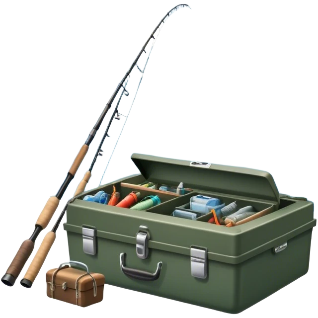 Icon for Fishing: a fishing rod and tackle box next to a boat on the shore of a serene lake, with a scenic natural background, including trees and water. The icon should represent the peacefulness of fishing. Transparent background, no border. emoji