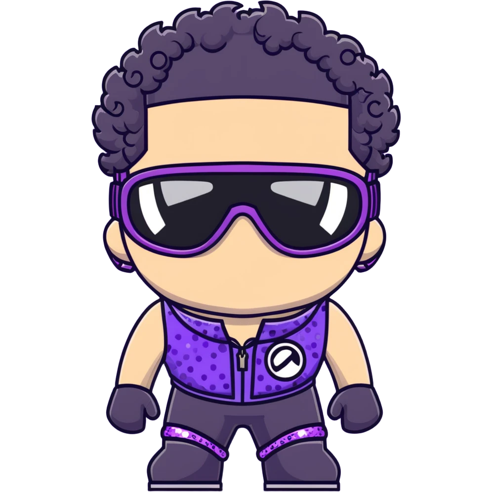 male athlete with white skin and moderately curly black hair on top with shaved sides, wearing ski goggles with purple frames and very dark black lenses, a simple plain black chain necklace, and a completely unzipped sleeveless vest with purple and black sequin fire pattern design with no logo or brand emblem, fully revealing his chest, shoulders and arms, no earrings emoji