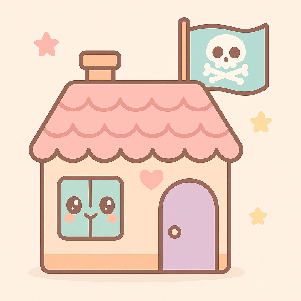 old pirate's house with skull flag emoji