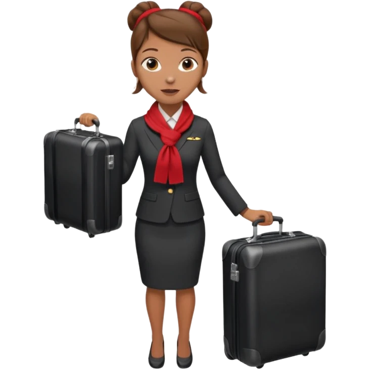 flight attendant, Light Brown skin, brown hair in single bun, neck scarf, suitcase emoji