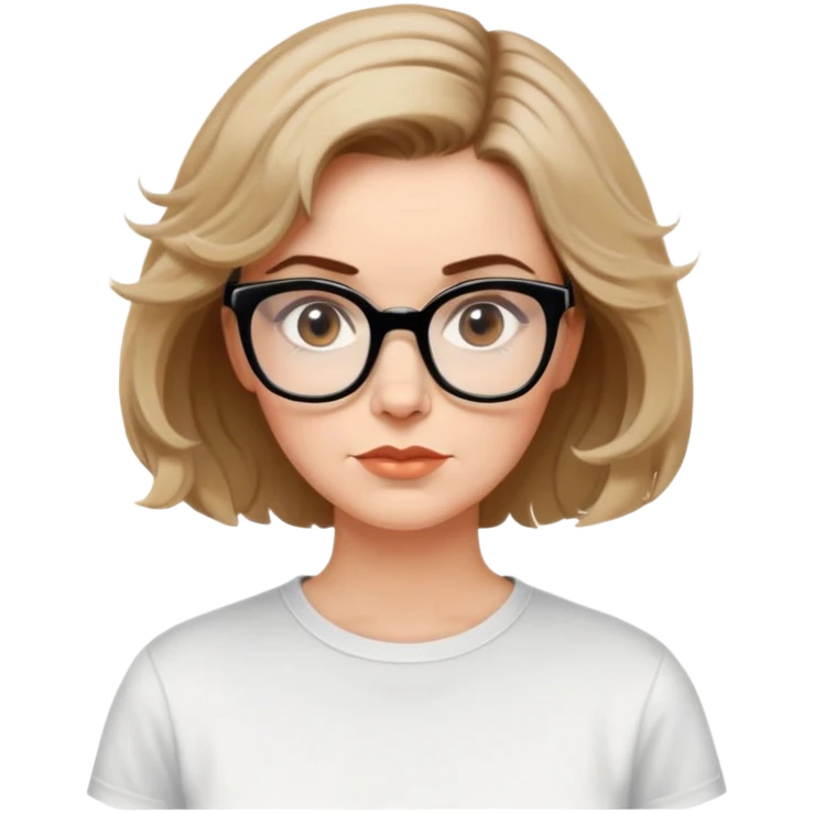 white woman in 50s, light warm skin, short messy bob with some waves, medium brown hair, big black thick glasses, white t-shirt, focused and serene look emoji