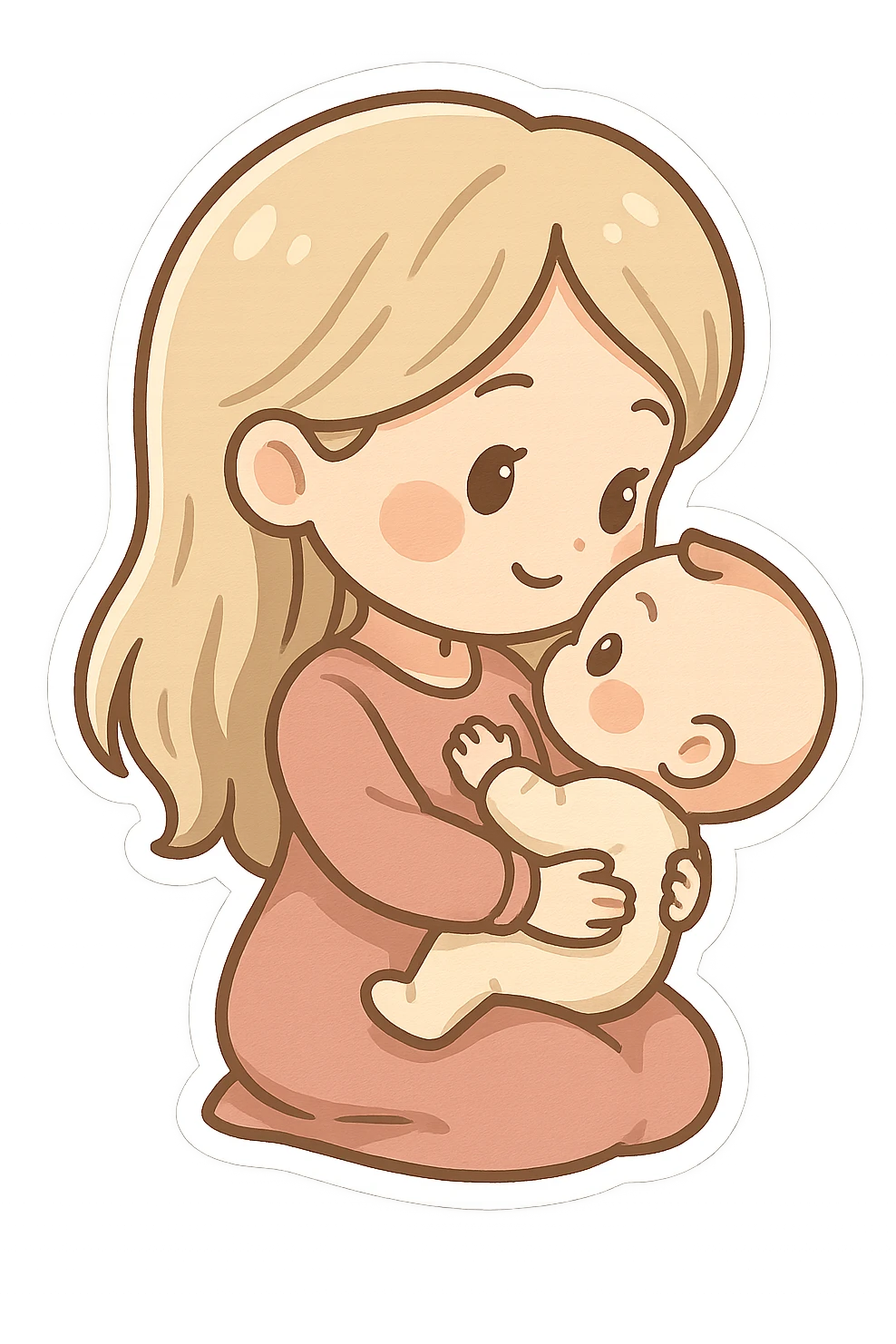mom with long light hair holding a baby in her arms, they look at each other, side view, chibi stickers style, thin clean outlines, soft rounded shapes, pastel palette, detailed shadows and highlights, soft lighting emoji