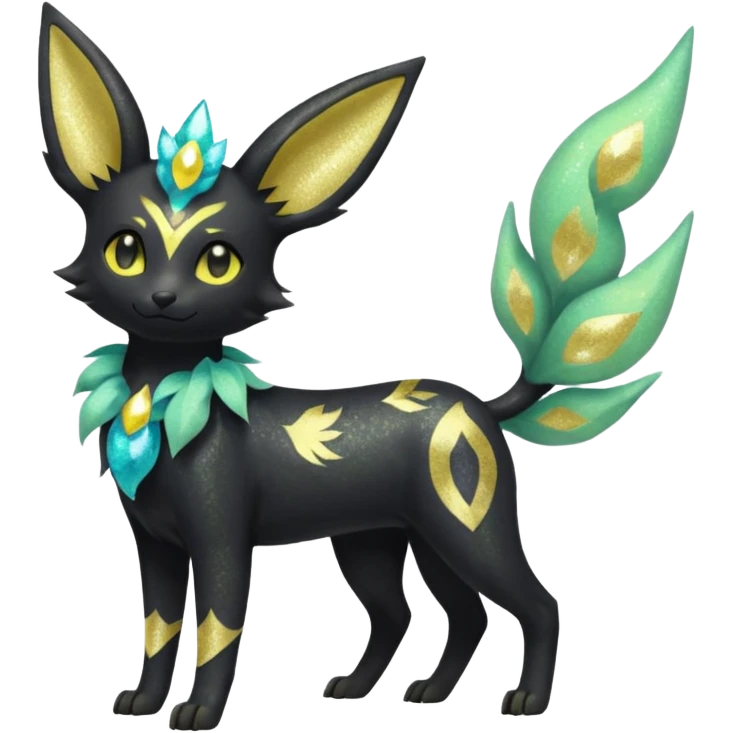 Multicolored sparkly pastel dark iridescent light pale gloomy spooky realistic pretty cool elegant realistic floral exotic Trico-Bolthund-Electrike-Luxray-Umbreon-Leafeon-hybrid, full body emoji