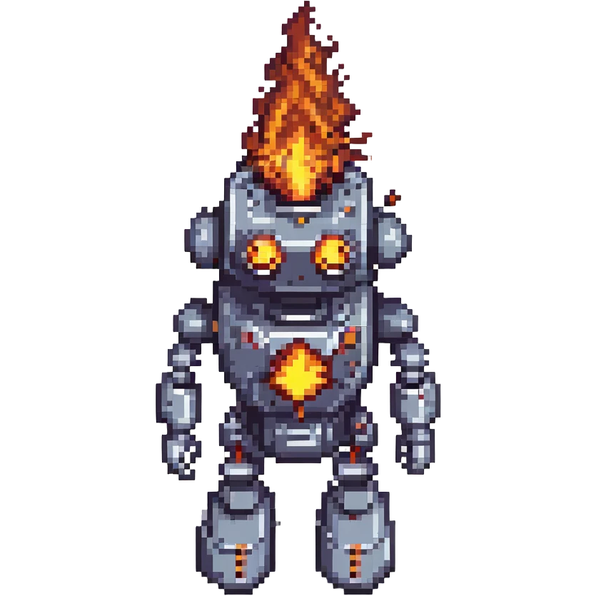 pixel art robot labeled 'AI', overheating with fire and smoke effects emoji