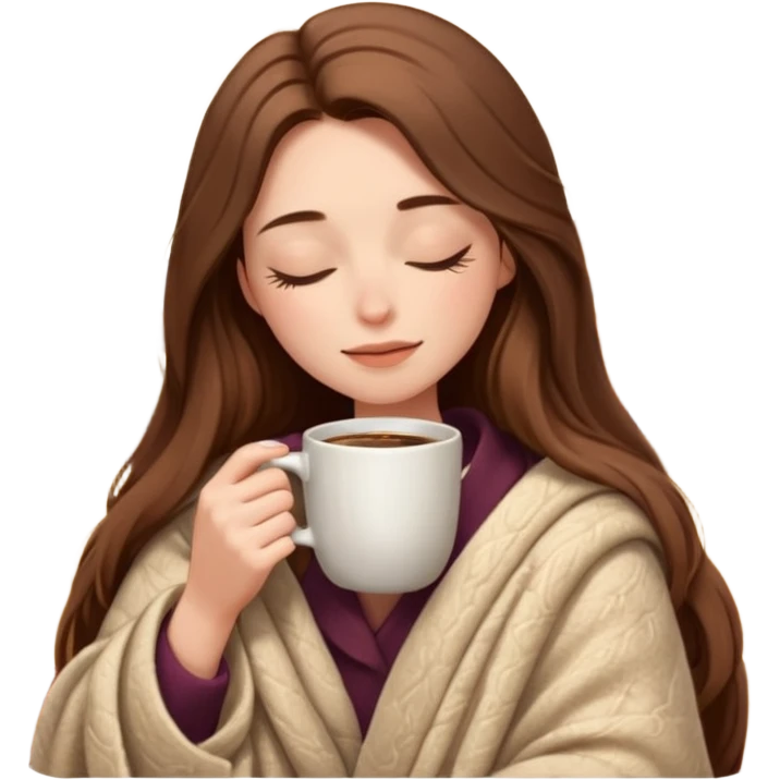 long brown hair woman closed eyes hiding under a cozy wool beige blanket, holding cup of coffee, autumn mood emoji