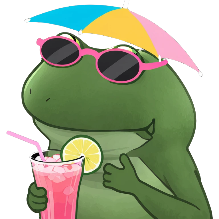 Bufo frog in a jumping pose, with rainbow umbrella hat, round sunglasses, holding a pink cocktail, classic Bufo meme style, no background. emoji