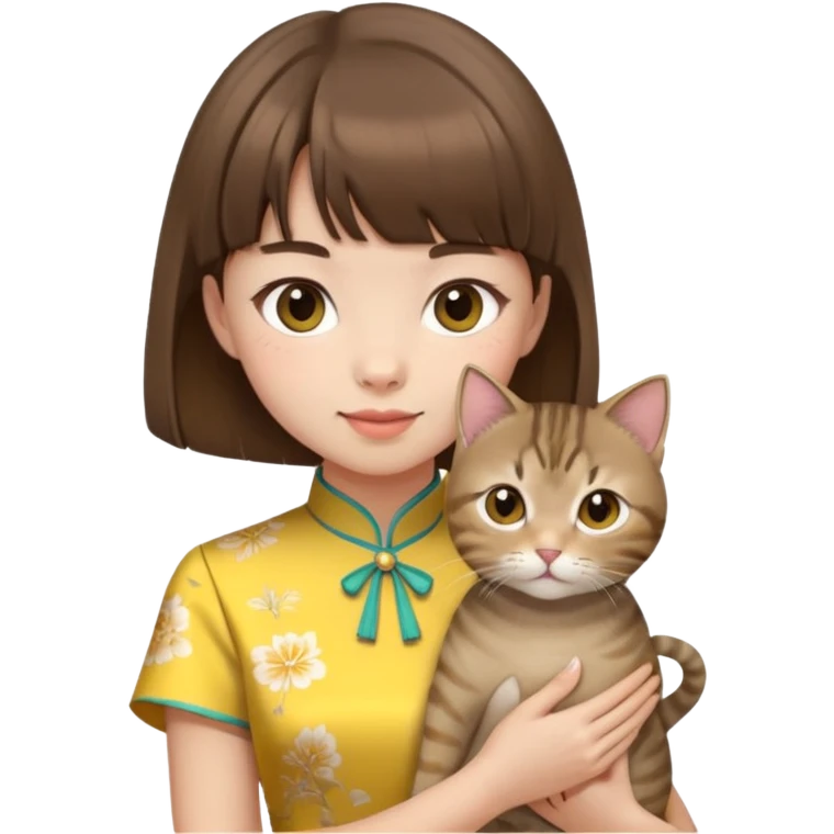 girl with brown hair and bangs wearing yellow qipao with a gray tabby cat emoji