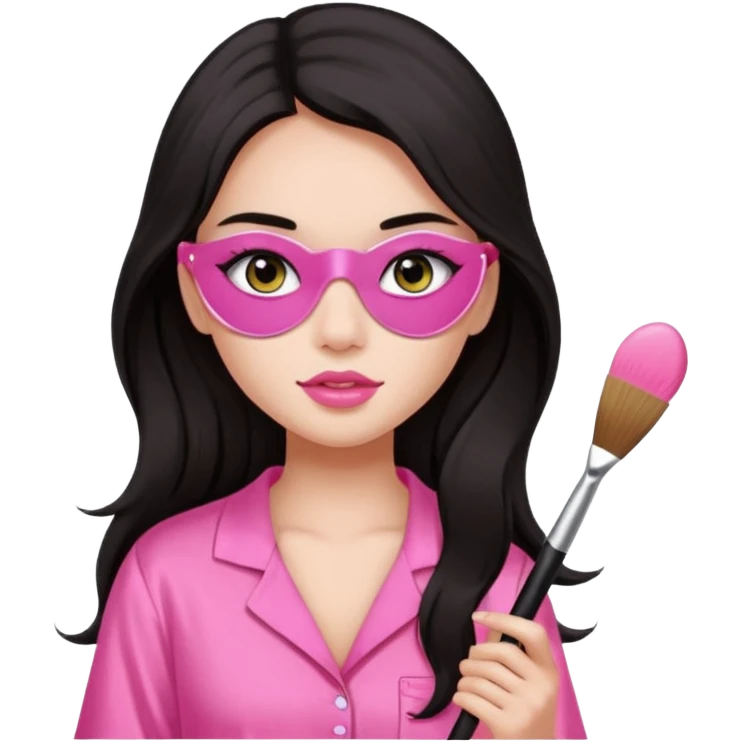 Dark long hair girl wearing pink victorias secret sleepwear is holding a makeup brush she also has eye patches white emoji