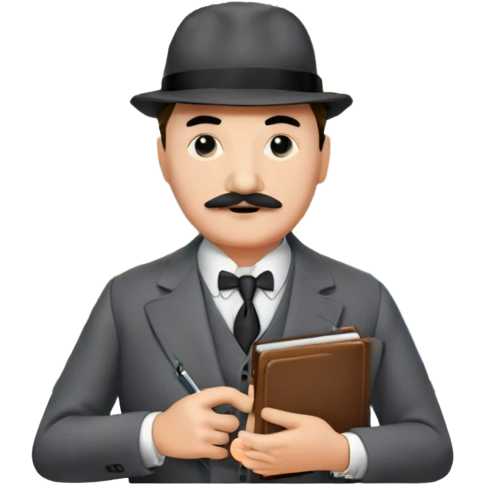 A cinematic-style frame showing Hercule Poirot in his iconic suit with a notebook in a dramatic detective pose. Background should be mysterious city, map, a board with photos of suspects, clues like fingerprints. Transparent background. emoji