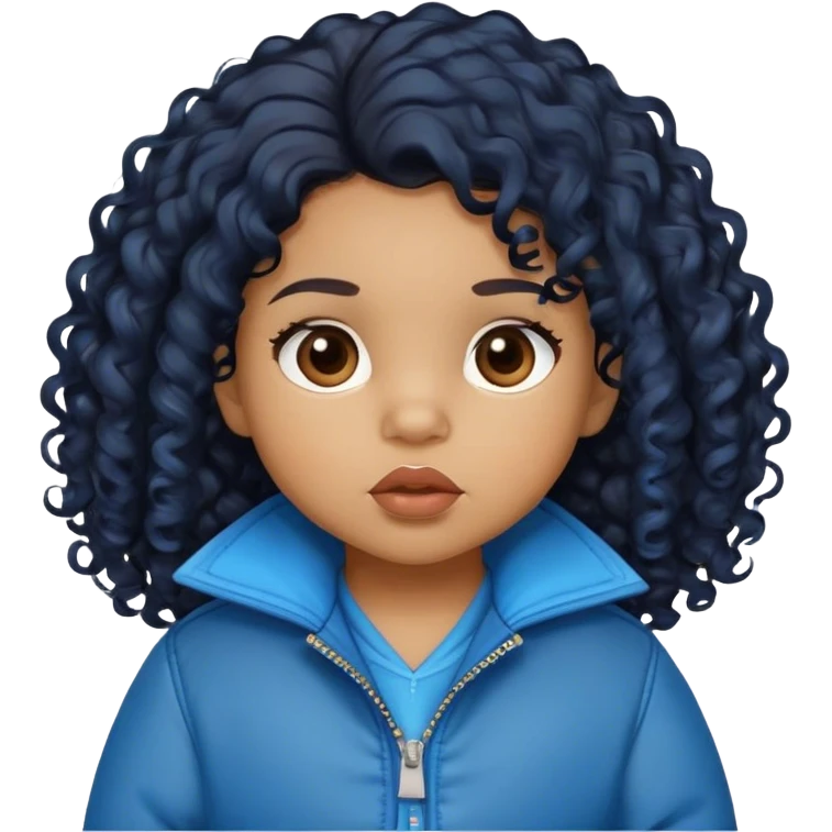 light brown skin tone, very adorable toddler, with big plump lips, long long lashes, black curly hair, middle hair parting, brown eyes, blue jacket emoji