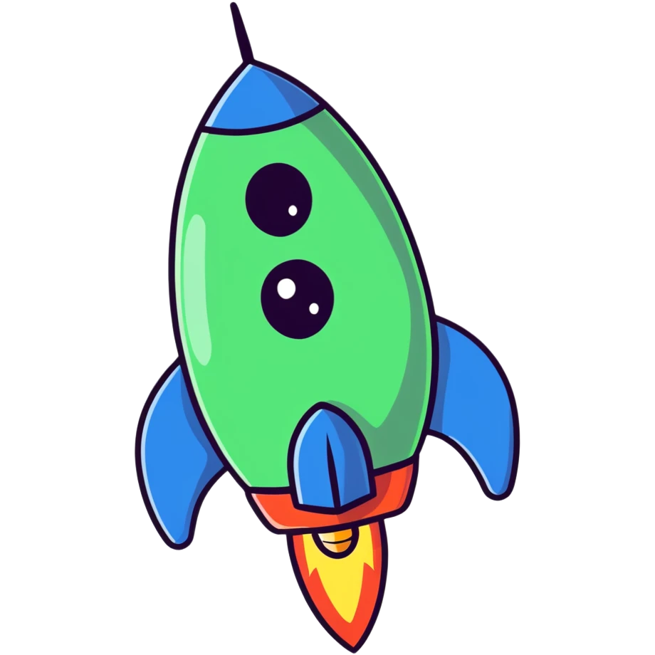 A cartoon rocket toy with stars, a happy expression and little arms emoji