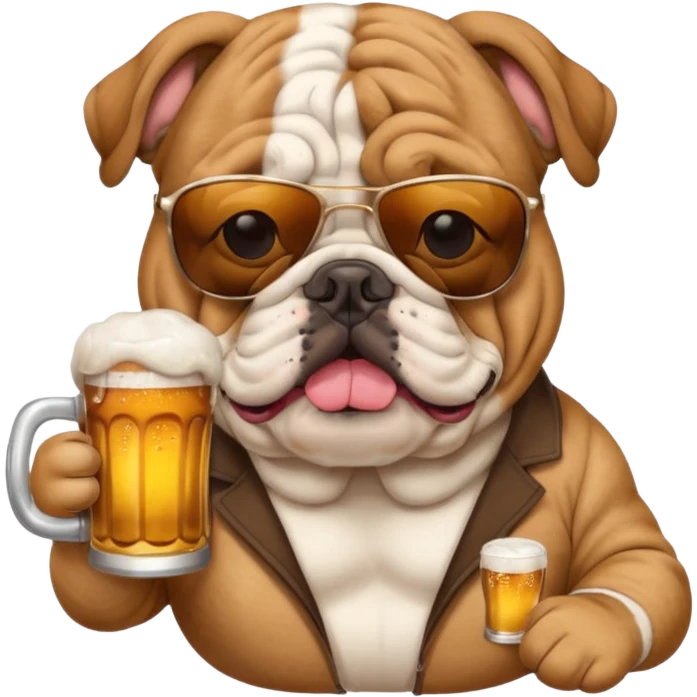 English bulldog wearing sunglasses holding a beer emoji
