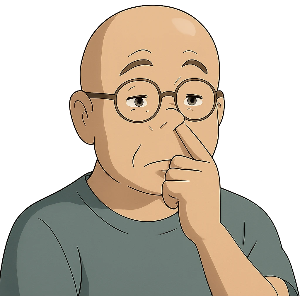 ghibli style bald guy with glasses picking his nose emoji