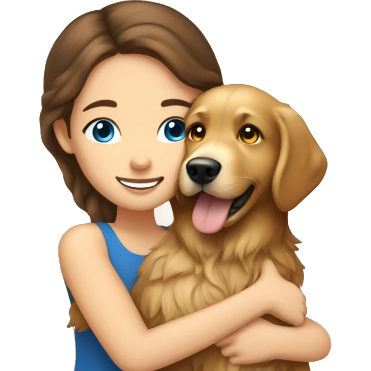 Woman with brown hair and blue eyes hugs golden retriever with brown eyes emoji