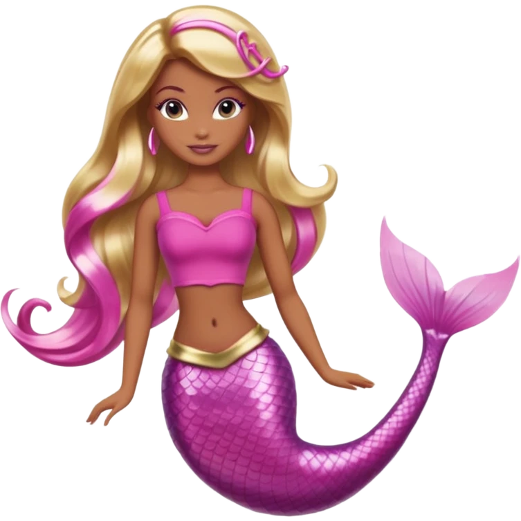 Brown skin blonde hair barbie mermaid with pink tail and pink highlights in hair  emoji