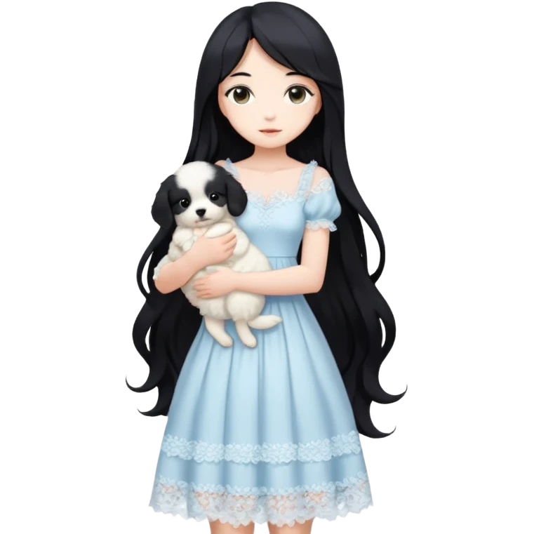 Pastel anime lady long hair with long lace dress full body holding puppy aesthetic background emoji