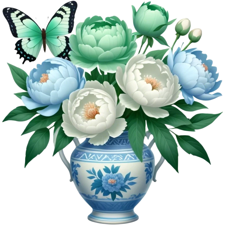 A soft green butterfly fluttering near a bouquet of pale blue and white peonies in an antique vase. emoji