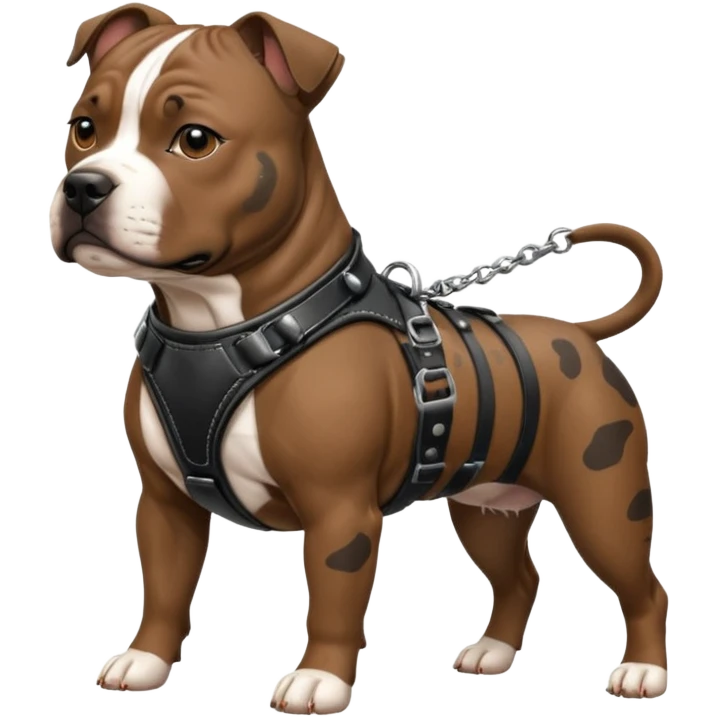 brindle staffordshire bull terrier with black leather harness emoji