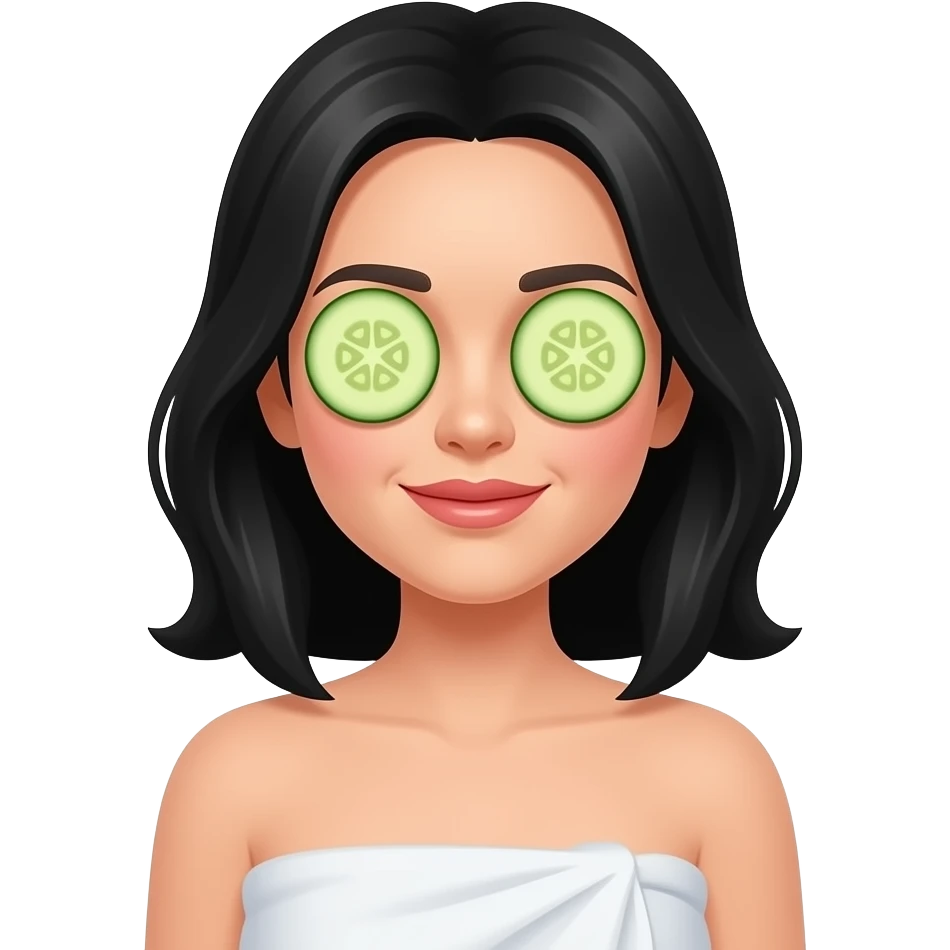 Una mujer  pelinegra de cabello corto por los hombros con toalla y pepino en los ojos emoji