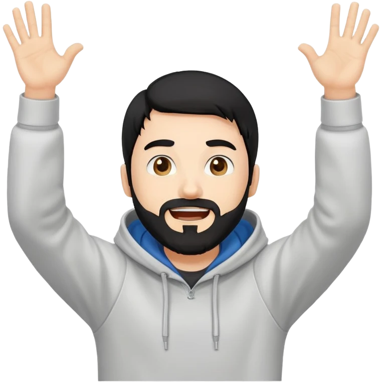 male coder with black hair, beard, and white skin, wearing a hoodie, excitedly raising arms in celebration after solving a coding problem, computer in front of him emoji