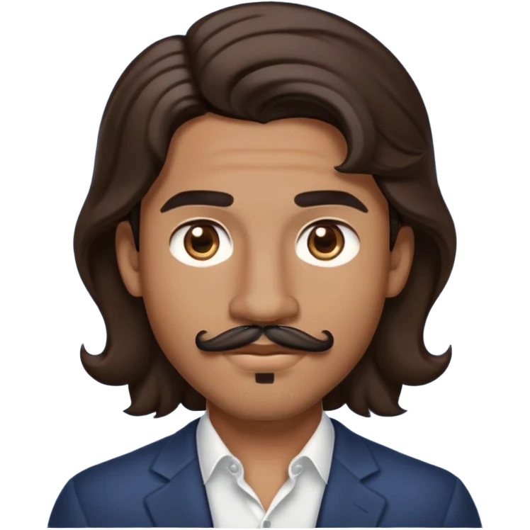 Apple-style emoji of young man with medium brown skin, mixed-race ethnicity, long wavy dark brown hair with perfect center part, cartoon-like stylized appearance, mustache separated from goatee, medium brown eyes, small diamond stud earrings, head only with no shoulders or neck emoji