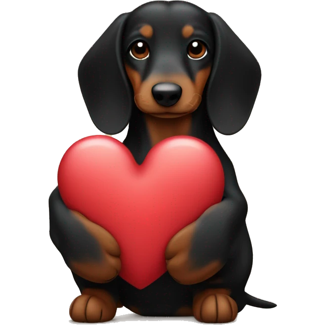 black and brown long haired daschund hugging a heart emoji