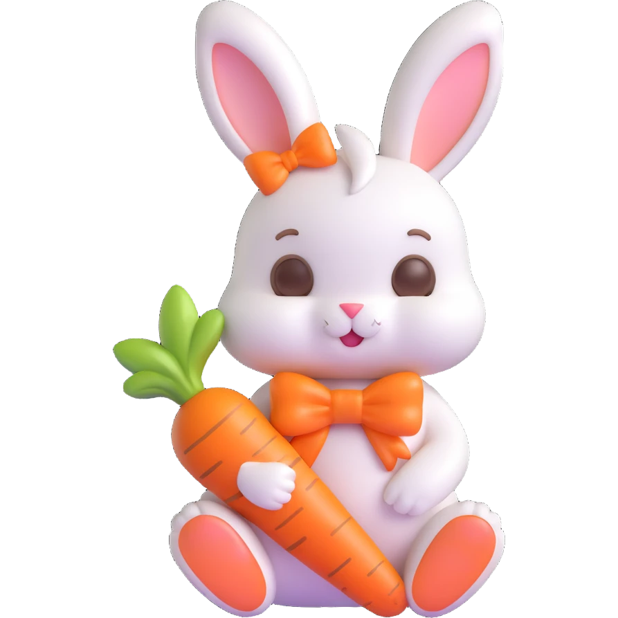 Change the pose of the bunny with a bow and carrot, making it sit with the carrot in its lap, in 3D iOS emoji style with soft gradients and a glossy finish, no background. emoji