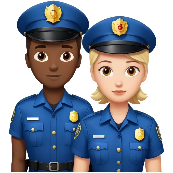 white female policeman in a blue unifrom, black male fireman in a red uniform emoji