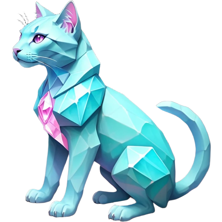 This fascinating hybrid creature combines the rocky ferocity of Boulderbite with the mystical elegance of Etherfeline. The result is a creature with a core body composed of angular, faceted stones in varying shades of turquoise, pink and gray. From the cracks between these stones emanates a soft blue ethereal glow. It has the general shape of a feline, but with crystalline rock formations creating its limbs and body. Its large, expressive eyes feature purple irises with amber outer rings, giving it a hypnotic gaze. The creature sports pointed ears lined with purple crystal formations, and a tuft of blue flame-like energy flows from the diamond on its head and along its spine. Its tail is a flexible chain of smaller rocks wrapped in the same ethereal blue energy. When it opens its mouth, sharp crystalline teeth are revealed, though its expression is more mysterious than threatening. Small whiskers  extend from its muzzle, occasionally emitting tiny ice crystals. full body emoji