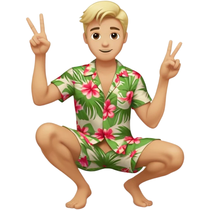 Full body emoji of a Blonde man with swooshing hair and no facial hair, crouching giving one peace sign while smirking in a Hawaiian shirt emoji
