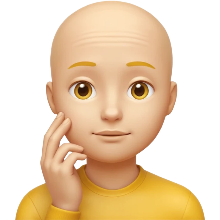a 3D rendered yellow round face emoji with a thoughtful expression, one hand touching the chin in a pondering pose, no hair, smooth glossy surface, realistic shading and soft studio lighting, subtle reflections for depth, clean white background, high-quality digital render emoji