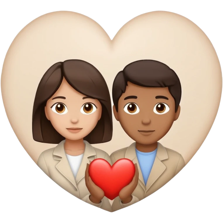 A couple with dark brown hair and mixed skin tone inside a white heart, both wearing beige clothes emoji