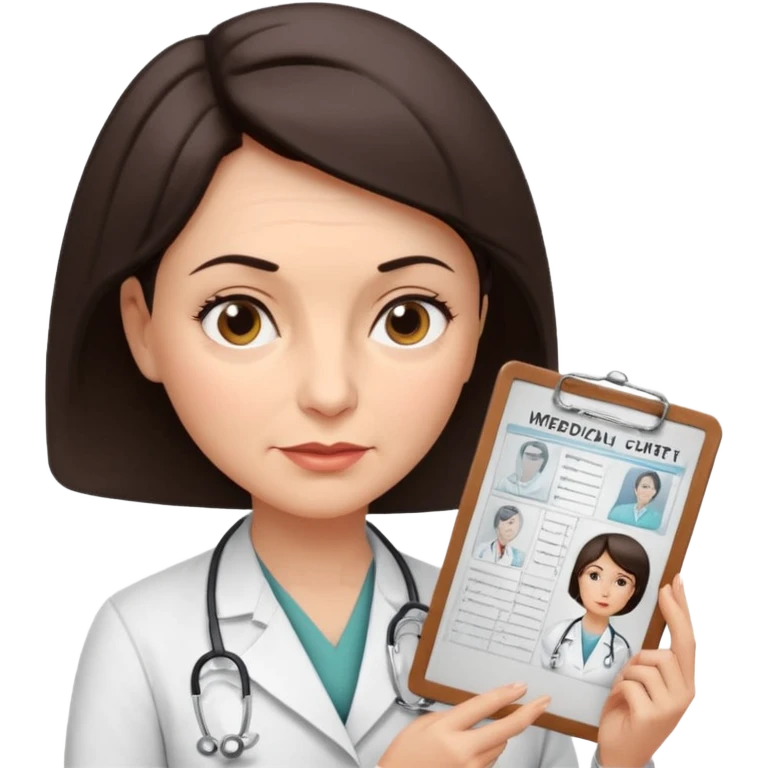 A female doctor in her 50s with visible facial wrinkles, dark brown short bob hair, her body turned slightly at an angle, with her gaze clearly directed downward and fixed on the medical chart she is reviewing. emoji