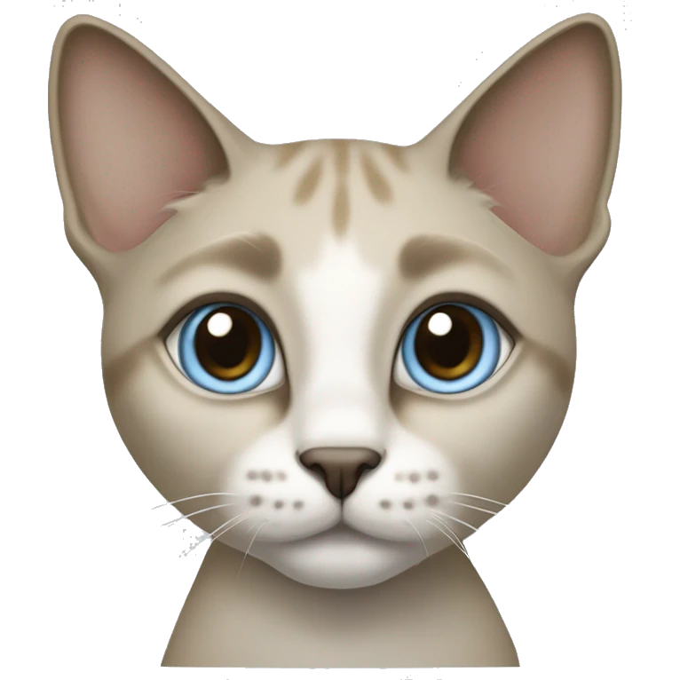 Thai breed adult cat with a light cream-brown body, dark gray nose and face, ears, and paws. sharp ears, and striking light blue eyes  emoji