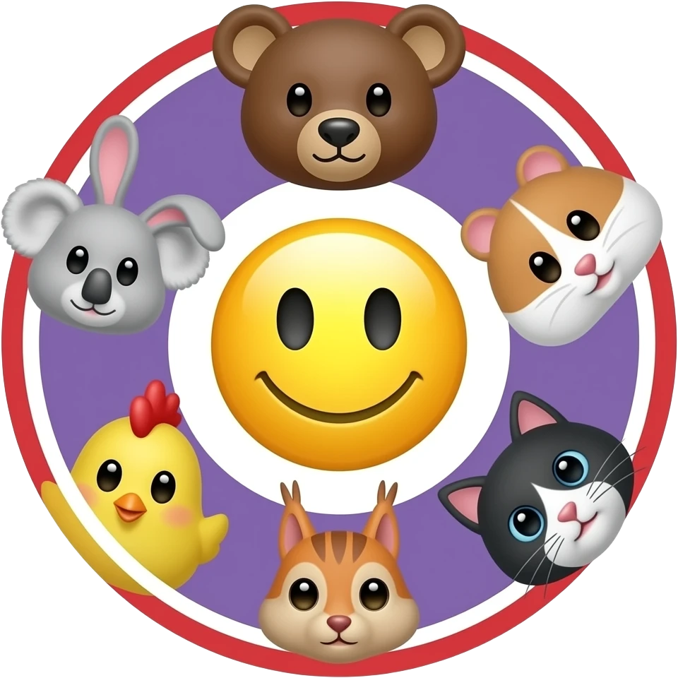 emoji yellow smiley in the center serounded in circle  🐻🐰🐹🐨🐥🐿 🐈 purple and white background with red and white circle line emoji