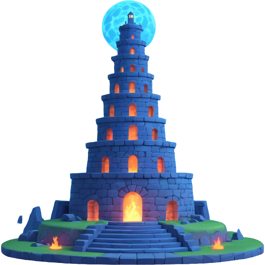 high-definition ultrarealistic 3D stone tower spiraling structure large base citadel bottom set on hill surrounded by spiral ramps glowing blue torches moonlit nebula sky spiritual tower mystical Shinto-inspired parallel world emoji icon emoji