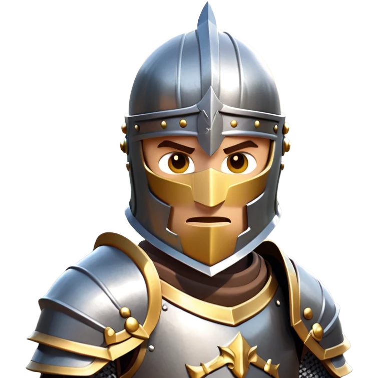 clash-of-clans-aesthetic_-cinematic-fearsome-and-majestic-knight-bust-portrait-emoji, rendered in a flat, vector-style with minimal shading and bold, simplified shapes, depicting a battle-ready medieval knight with steely eyes and intricate armor, mounted on a warhorse reflecting sunlight over a misty battlefield. emoji
