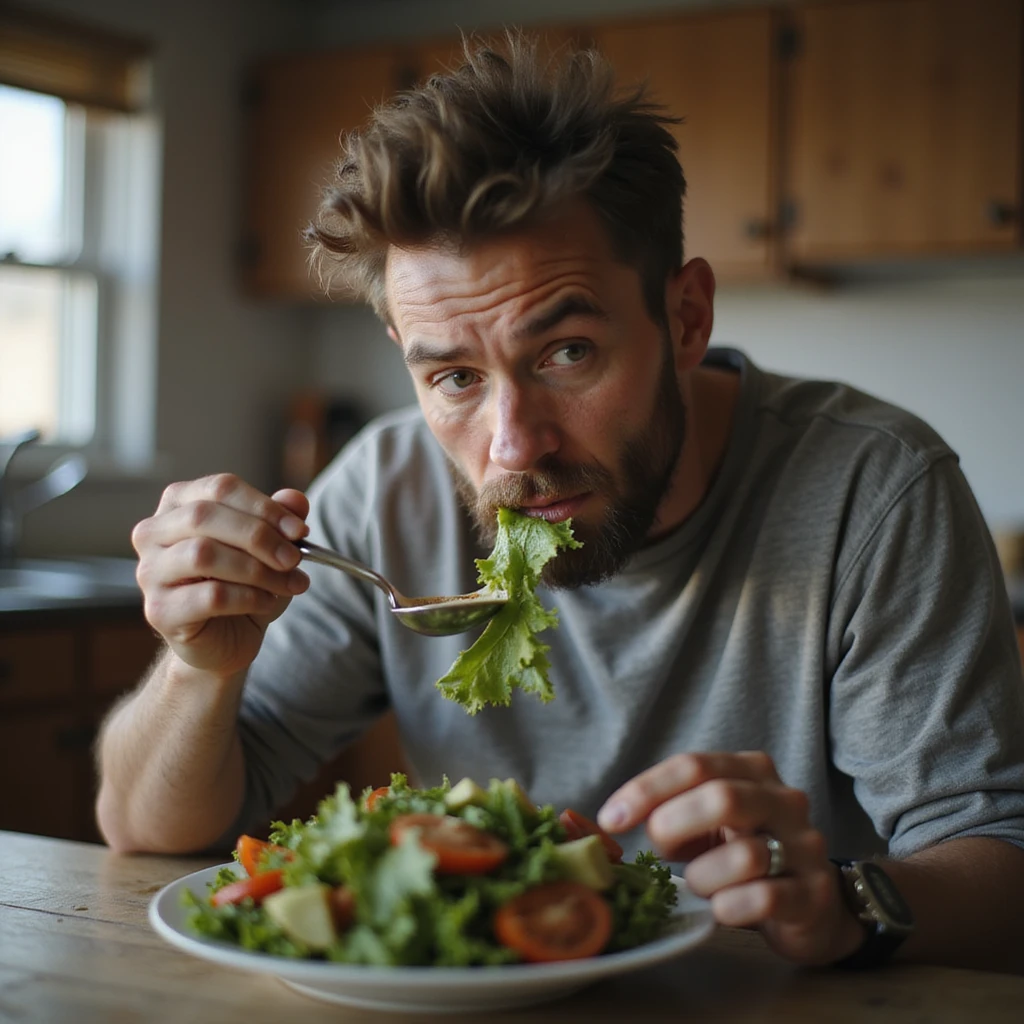 man eating a salad with a resigned expression, looking at a photo of himself younger and thinner, domestic environment, hyperrealistic details, 4K emoji