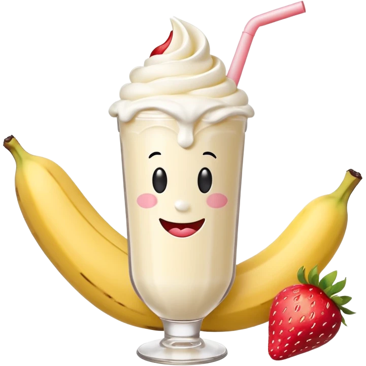 Milkshake vanilla with a banana sticking out of the milk shake it and two strawberries on both sides of the banana at the very tip of the banana, whipped cream and a smiley face emoji