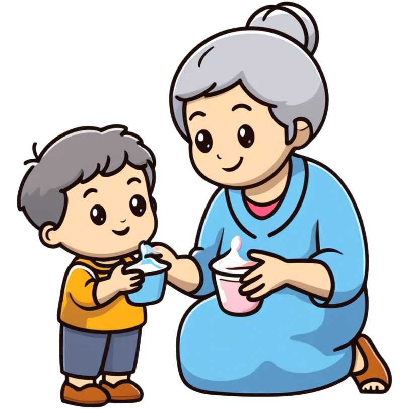 grandmother offering yogurt to grandson emoji