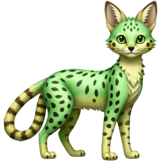 Epic complex detailed emerald-green lime-green dark-brown beige pastel realistic aesthetic-scenic-Fakémon-Sprigatito-Floragato-Meowscarada-Trico-Sergal-Serval-Vernid-creature (full body) emoji