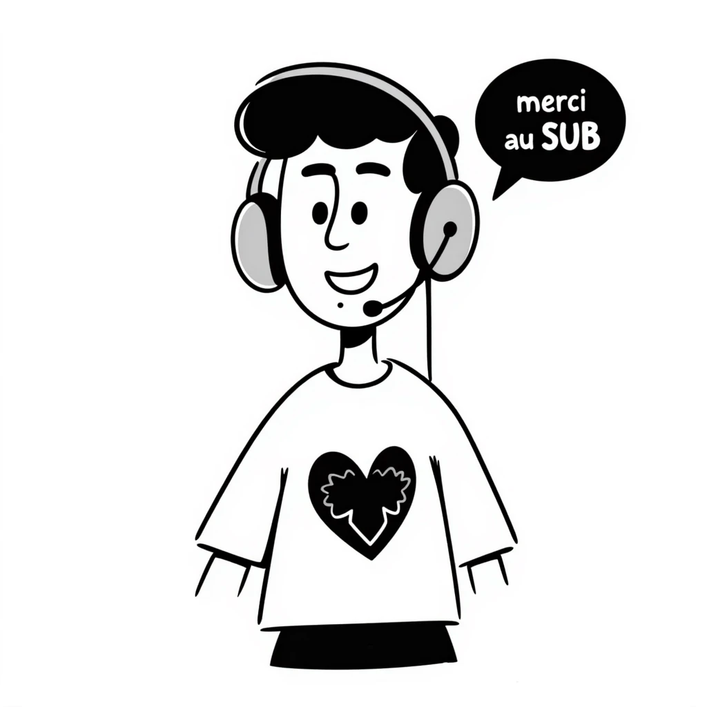 A smiling person with black hair, brown eyes, and a black beard wearing a gaming headset saying "merci au SUB" emoji