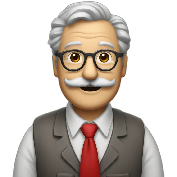 smiling old painter wearing a big grayl horeshoe mustache and glasse. he has a paintbrush in his hand. he wears red shirt and tie emoji